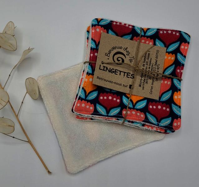 Lingettes et pochons à savon en tissu Lot de 4 lingettes démaquillantes en tissu imprimé coton BIO 